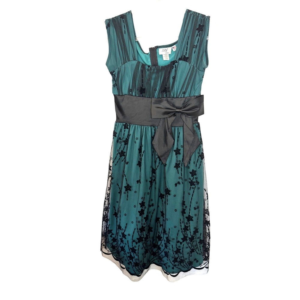 Vintage Jody California Teal Green Black Mesh Velvet Floral Bow Party Dress 5/6